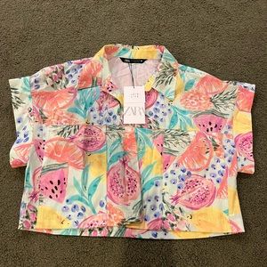 Zara printed crop button down shirt